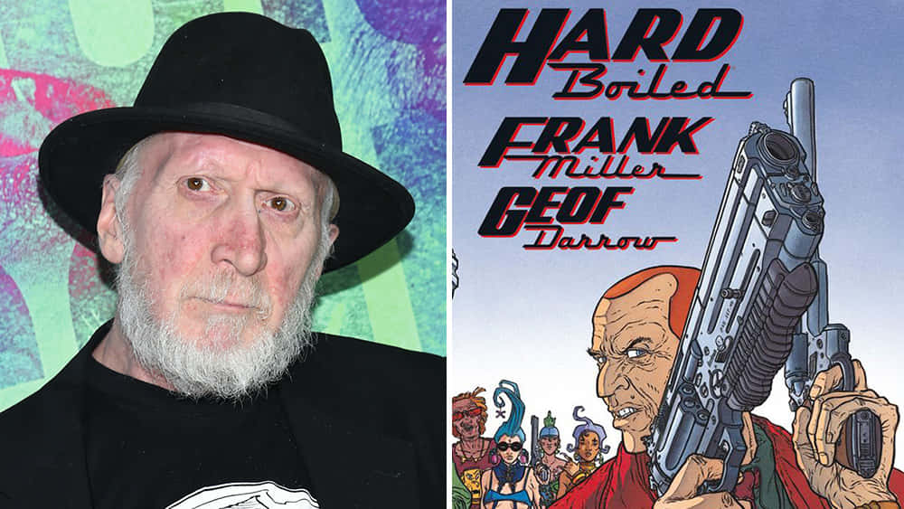 Frank Miller 桌布 壁紙 — 一位留著白鬍子、戴著黑帽子的男人站在《Hard Boiled》漫畫封面旁邊，封面中有一個男人拿著一把大槍。