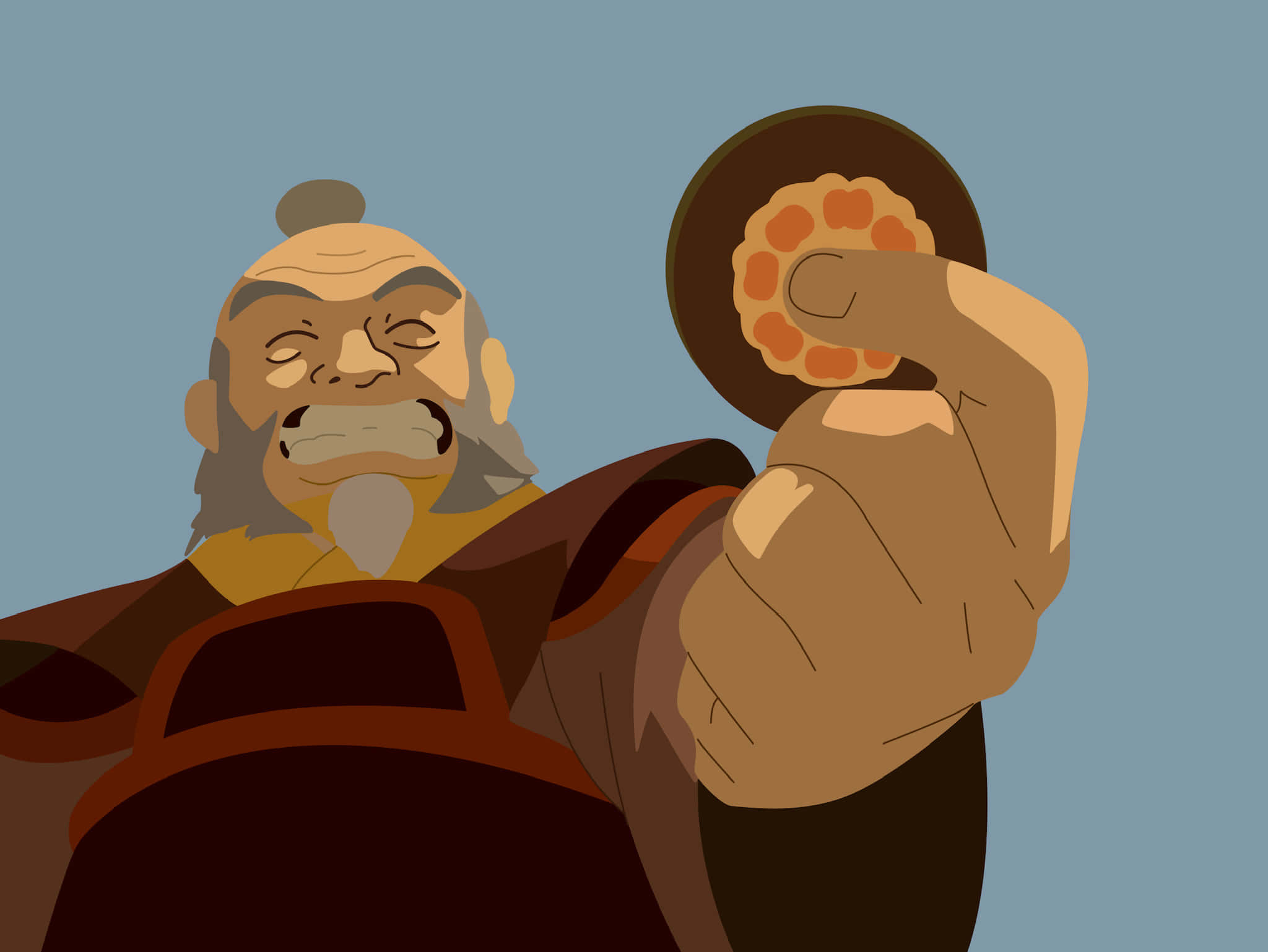 Uncle Iroh 桌布 壁紙 — 一位留著白鬍子的年長動畫角色，在純藍色背景前高興地舉起一塊帶有橙瓣的圓形餅乾。