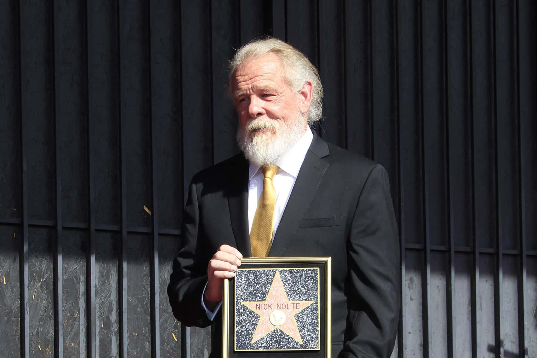 Nick Nolte 桌布 壁紙 — 一位留著白鬍子的年長男士，身穿黑色西裝和金色領帶，在深色波紋金屬牆前手持一個裱框的好萊塢星光大道星星。