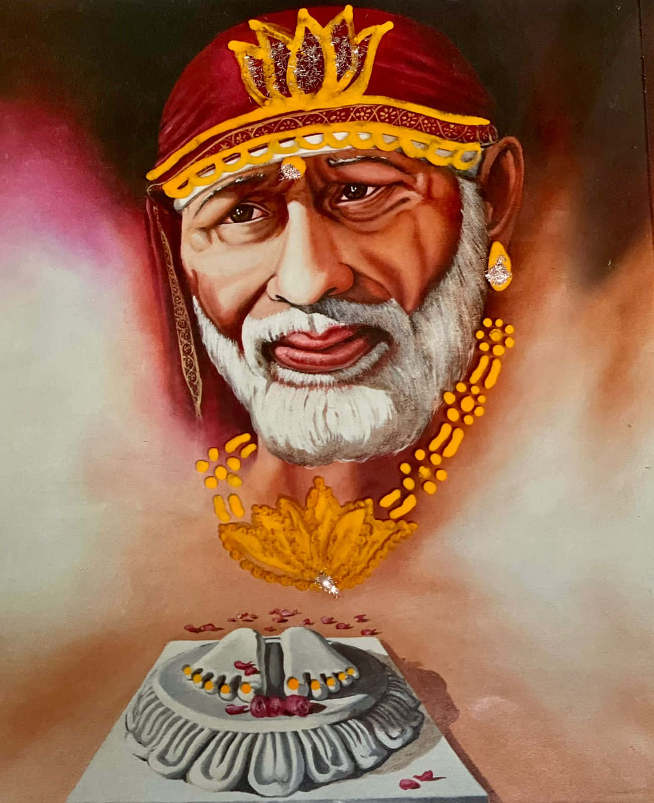 Indian 桌布 壁紙 — 一位留著白鬍子的年長男性，戴著紅色王冠和金色珠寶，在柔和漸變背景前的尊貴肖像。