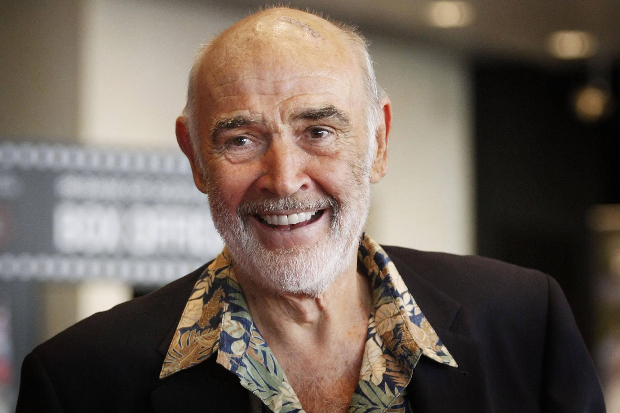 Sean Connery 桌布 壁紙 — 一位留著白鬍子的開朗老人，穿著深色西裝外套內搭圖案襯衫，溫暖地微笑。