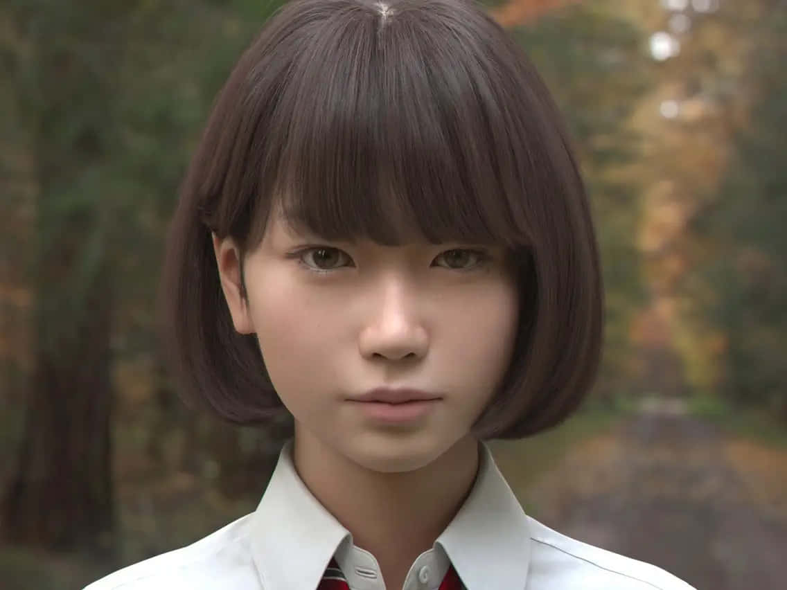 Japanese School Girl 桌布 壁紙 — 一位留著短鮑伯頭和瀏海的年輕女性，穿著白色有領襯衫和紅色領帶，背景是模糊的秋日森林。