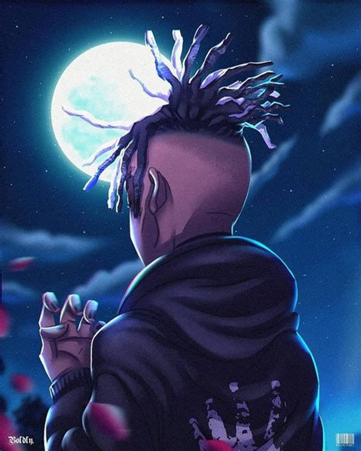 酷酷的xxxtentacion 桌布 壁紙 — 一位留著辮子的年輕男子在繁星點點的夜空下凝視著發光的月亮，周圍漂浮著紅色花瓣。
