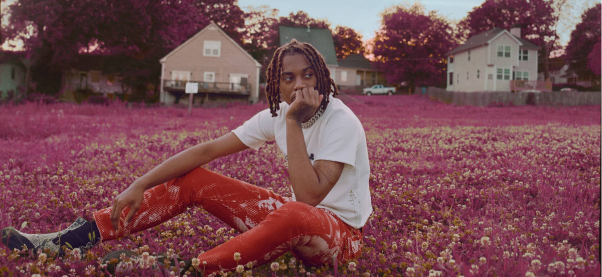 Carti 桌布 壁紙 — 一位留著辮子的年輕男子沉思地坐在一片鮮豔的粉紅色花田中，夕陽將溫暖的光線灑在背景的郊區房屋上。