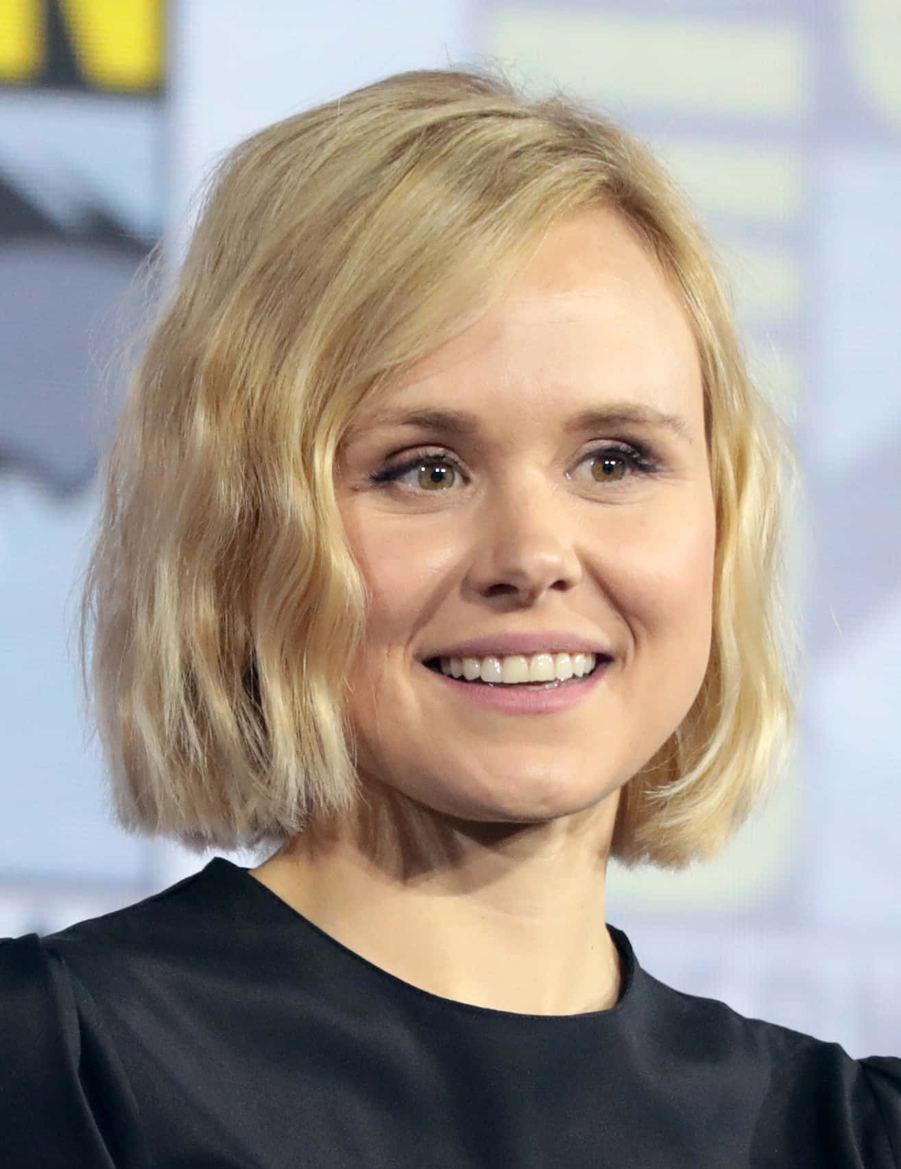 Alison Pill 桌布 壁紙 — 一位留著金色鮑伯頭、穿著黑色上衣的女性在座談會上微笑的特寫肖像。
