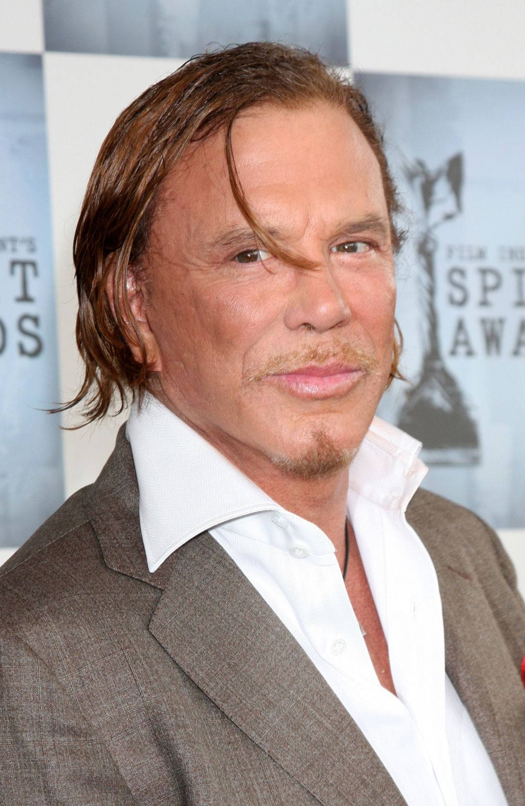 Celebrity 桌布 壁紙 — 一位留著長棕髮和山羊鬍鬚的男子在頒獎典禮上穿著灰色西裝和白襯衫的特寫肖像。