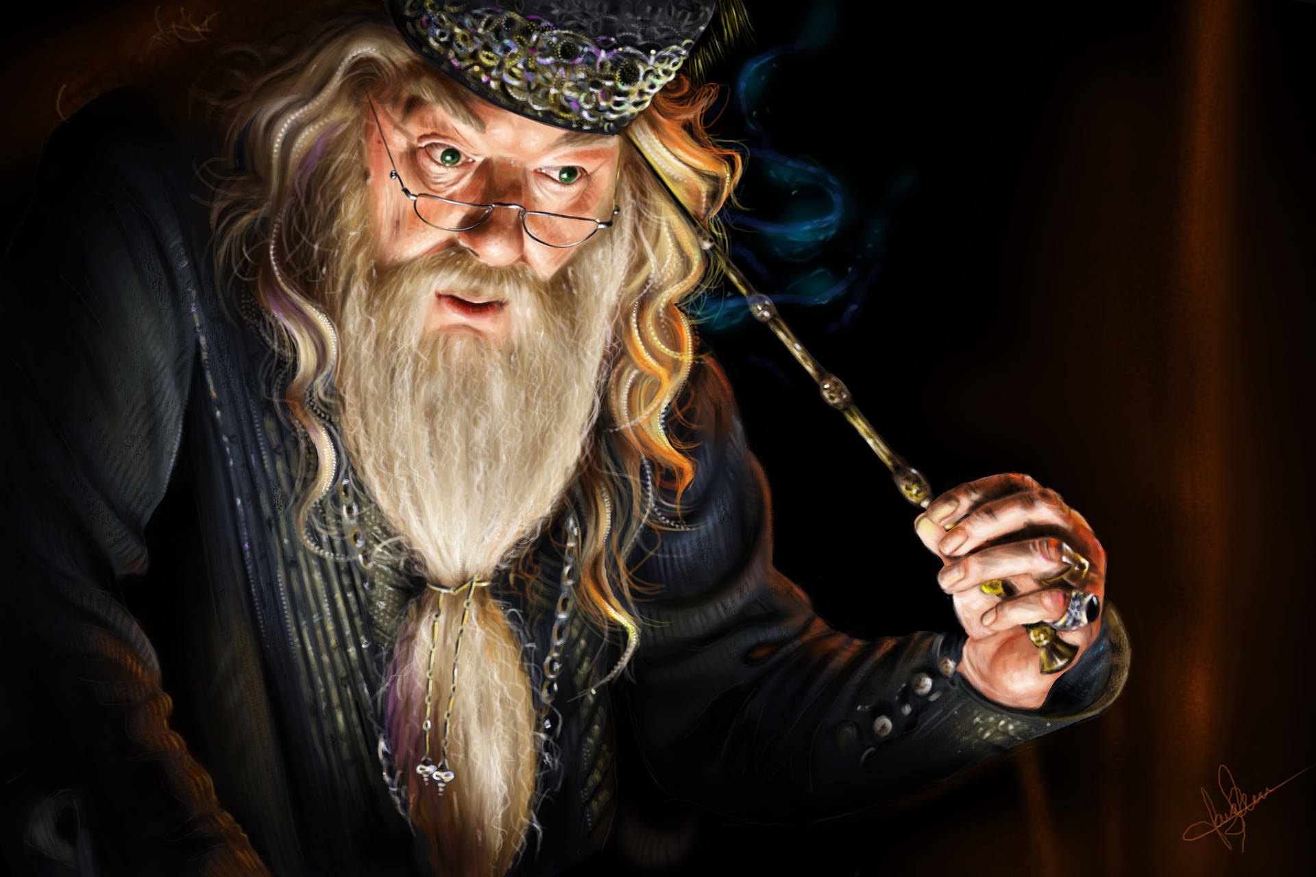 dumbledore 桌布 壁紙 — 一位留著長長白鬍子、戴著眼鏡的巫師，在一個昏暗而溫暖的房間裡抽著煙斗，藍色的煙霧繚繞。
