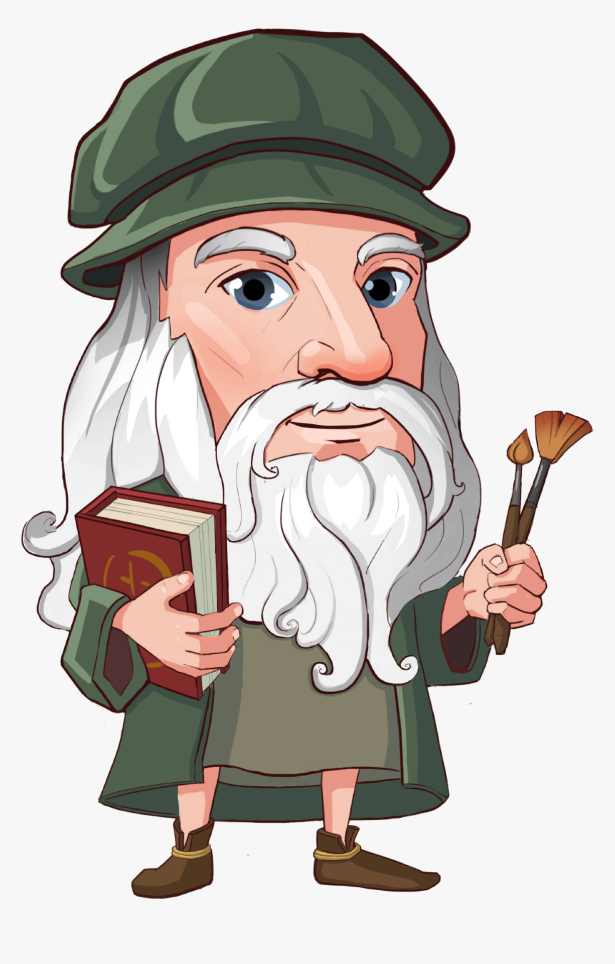 Leonardo Da Vinci 桌布 壁紙 — 一位留著長長白鬍子、戴著綠色帽子的卡通藝術家，在純色背景前拿著畫筆和一本紅色的書。