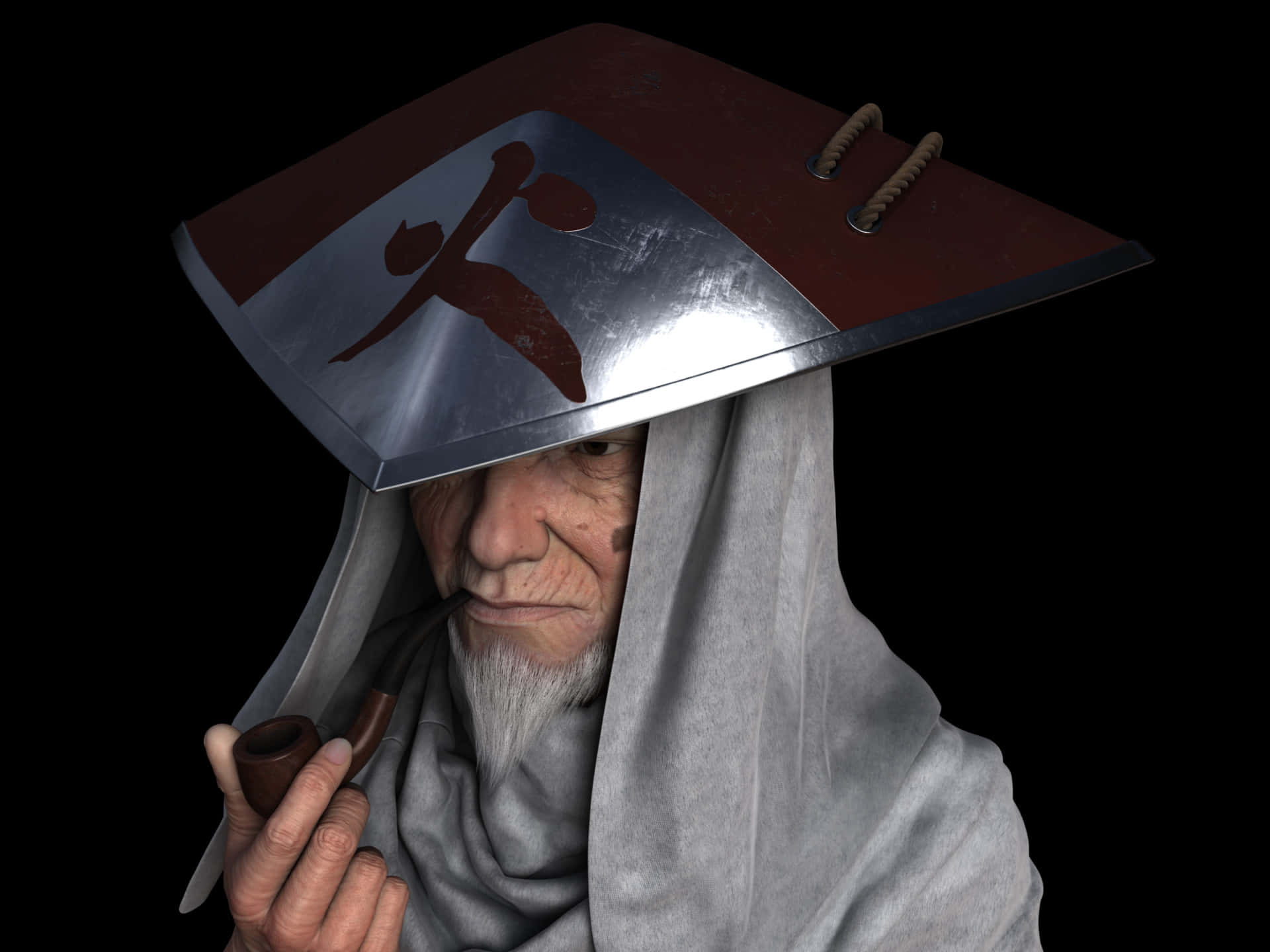 Hiruzen Sarutobi 桌布 壁紙 — 一位留著長長白鬍子的老人，戴著一個帶有紅色漢字符號的大金屬頭盔，在黑色背景前抽煙斗。