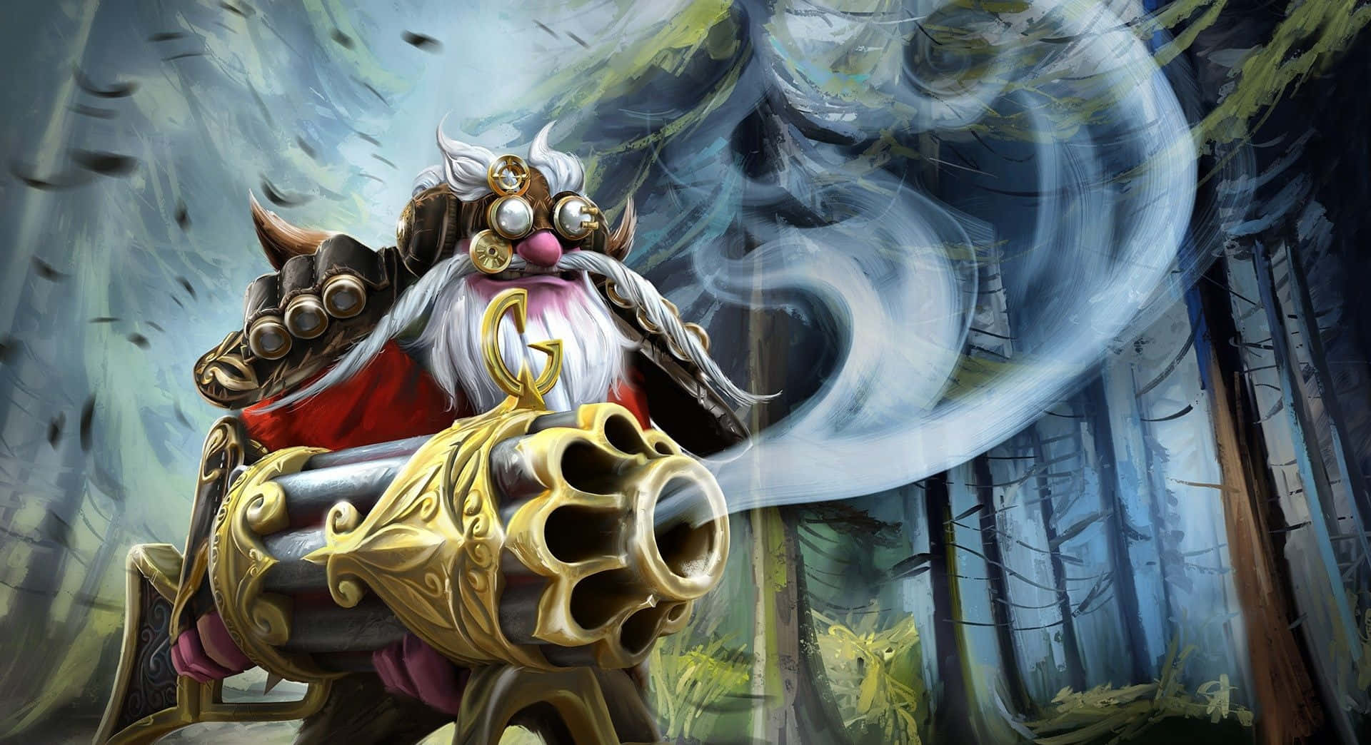 Dota 2 Sniper 桌布 壁紙 — 一位留著長長白鬍子的蒸氣龐克巫師，在迷霧森林中揮舞著金色大砲。