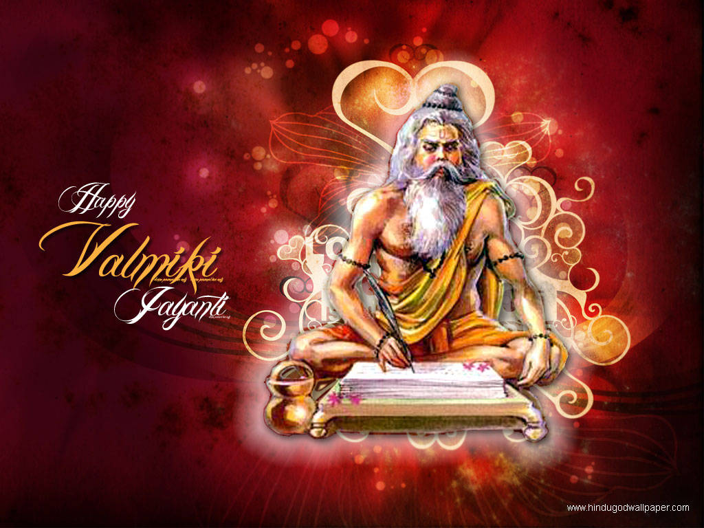 guru nanak dev ji 桌布 壁紙 — 一位留著長長白鬍鬚的神聖聖人盤腿而坐，在發光的紅色背景上書寫卷軸，背景有華麗的漩渦和心形光環。