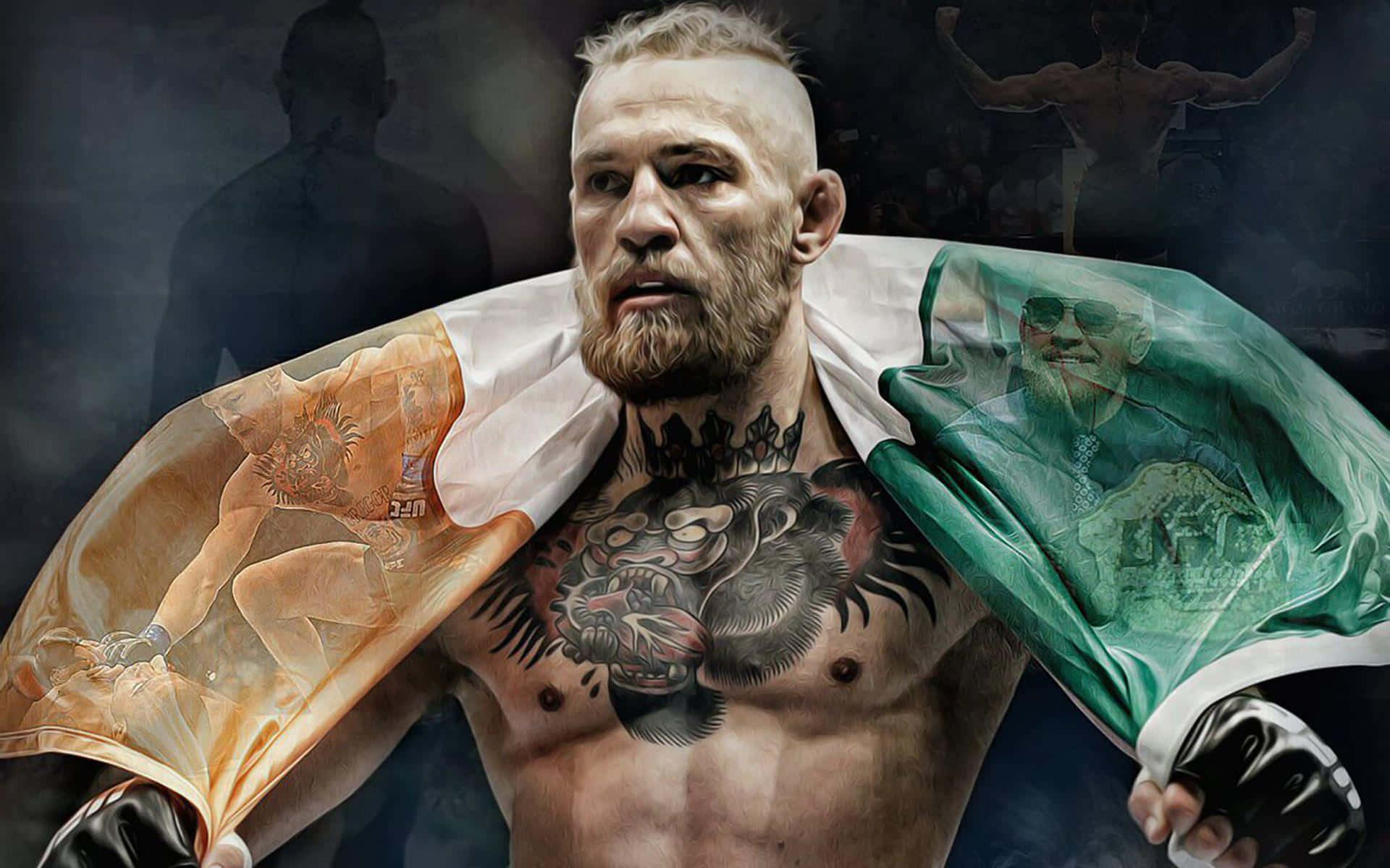 UFC 桌布 壁紙 — 一位留著鬍鬚、胸前有刺青、披著愛爾蘭國旗的肌肉發達的戰士，在煙霧瀰漫的競技場中挑釁地站立。