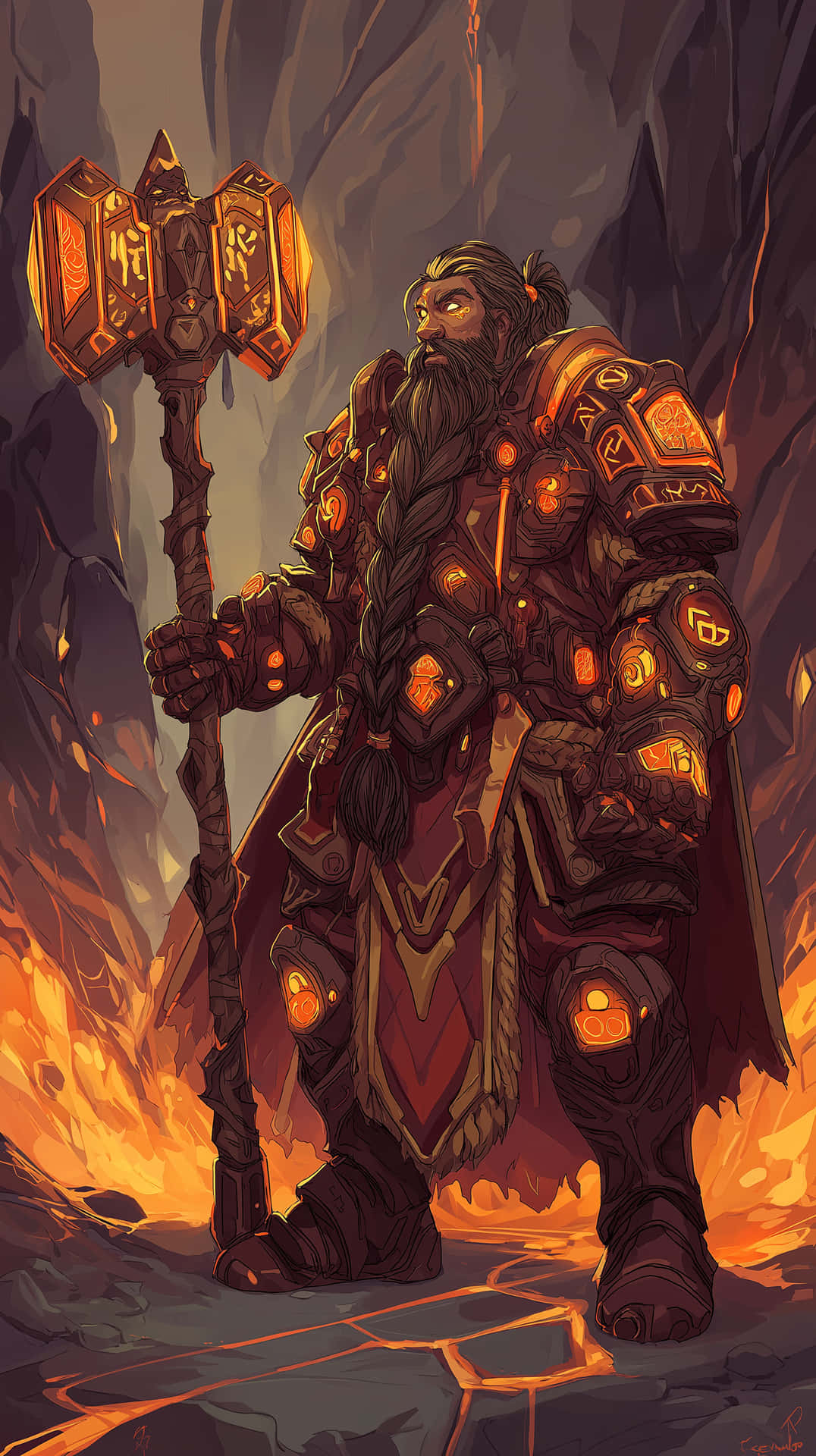 Powerful Dwarf Chieftain in Carved Armor 壁紙 — 一位留著鬍鬚的矮人戰士，身穿華麗發光的盔甲，在熾熱的洞穴中挑釁地站立，手持一把巨大的附魔戰鎚。
