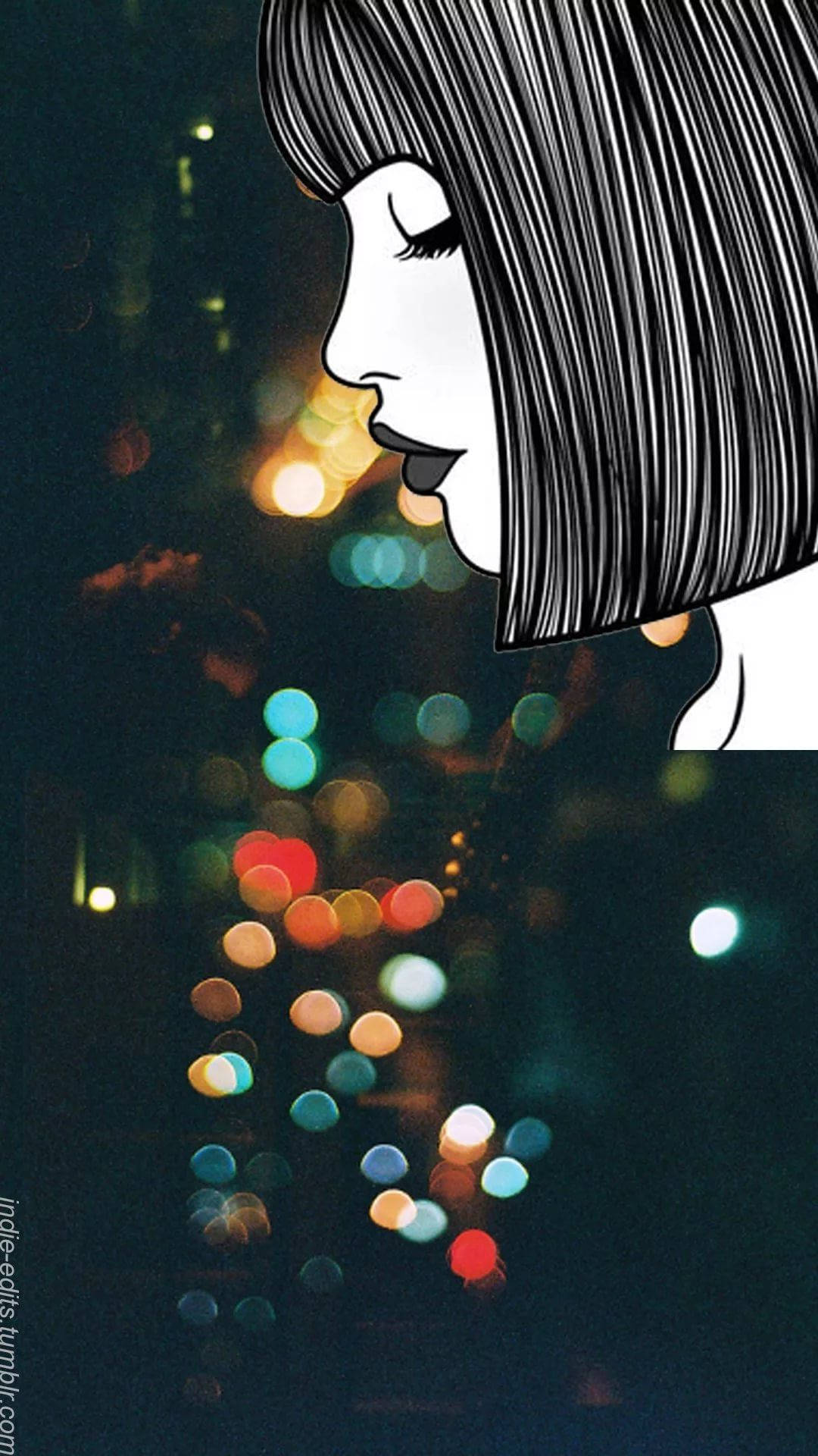Woman 桌布 壁紙 — 一位留著鮑伯頭的時尚女性，凝視著夜景中充滿活力的散景燈光。