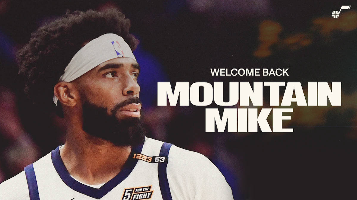 mike conley 桌布 壁紙 — 一位留鬍子、戴頭帶的籃球運動員向上看，粗體文字寫著歡迎回來 mountain mike。