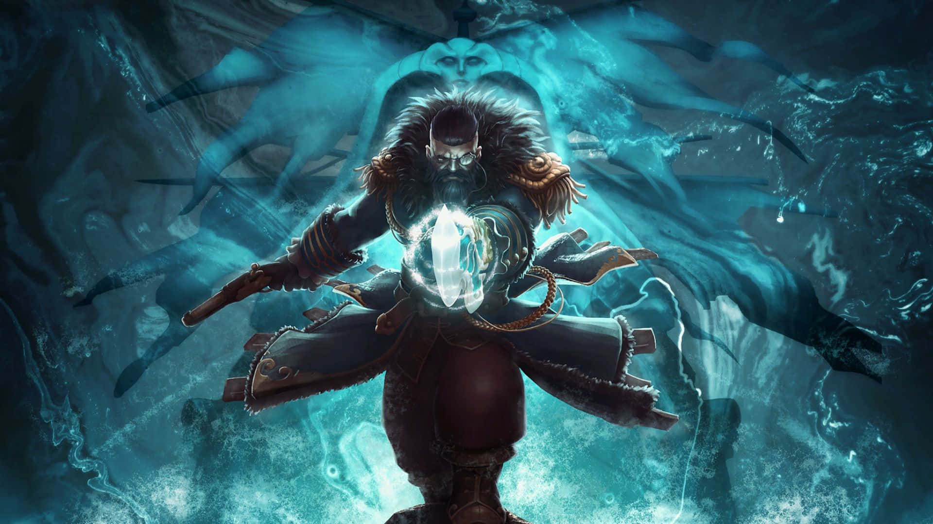電玩遊戲 桌布 壁紙 — 一位留鬍子的戰士身穿暗色盔甲，在神秘的水下領域中被幽靈般的身影包圍，引導著發光的藍色能量。