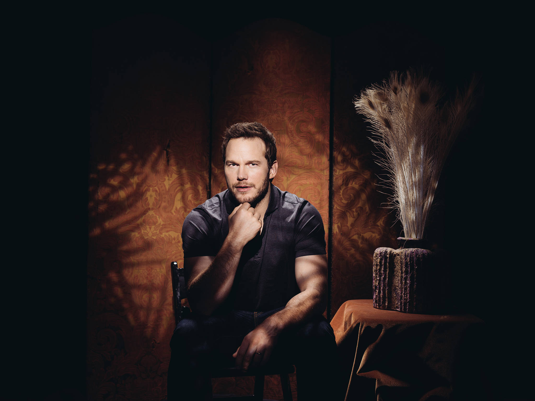 Chris Pratt 桌布 壁紙 — 一位留鬍子的男人坐在光線昏暗的房間裡，身旁有華麗的壁紙和一個羽毛花瓶，若有所思。