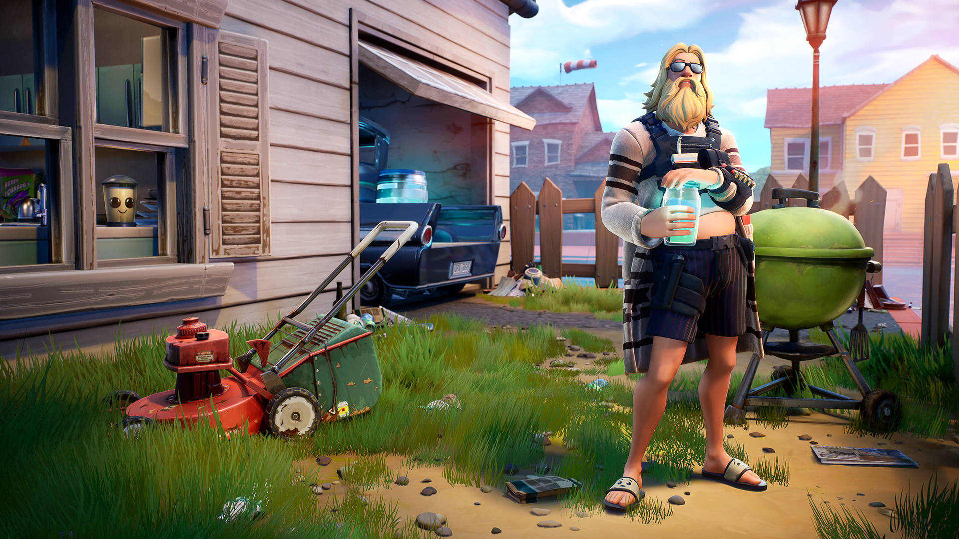 Fortnite 造型 桌布 壁紙 — 一位留鬍子的男人戴著太陽眼鏡，在郊區庭院日落時分，手持飲料，旁邊有一個綠色燒烤爐和紅色割草機。