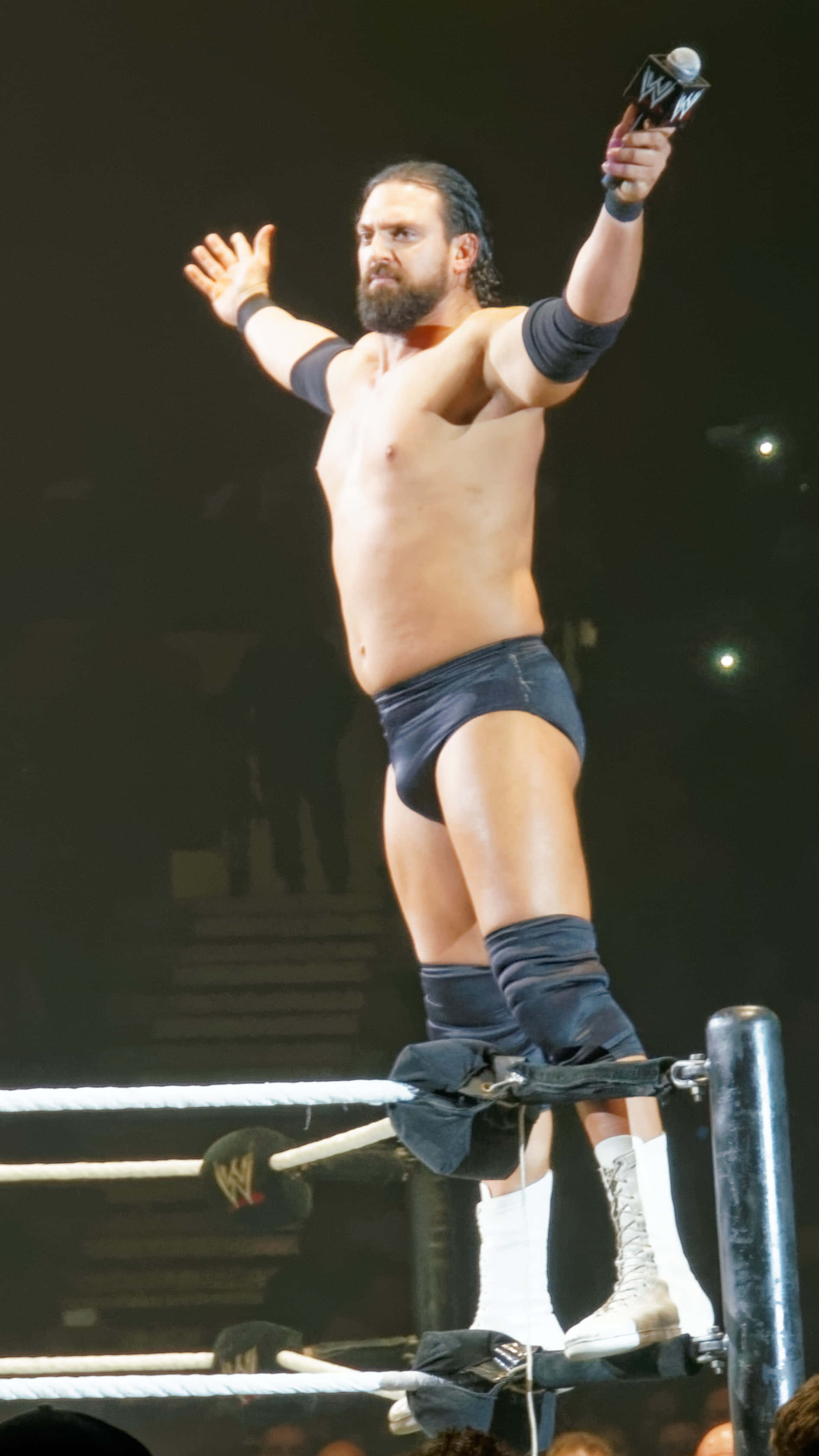 WWE 桌布 壁紙 — 一位留鬍子的肌肉摔角手站在摔角擂台角柱上，在明亮的場館燈光下高舉冠軍獎盃。