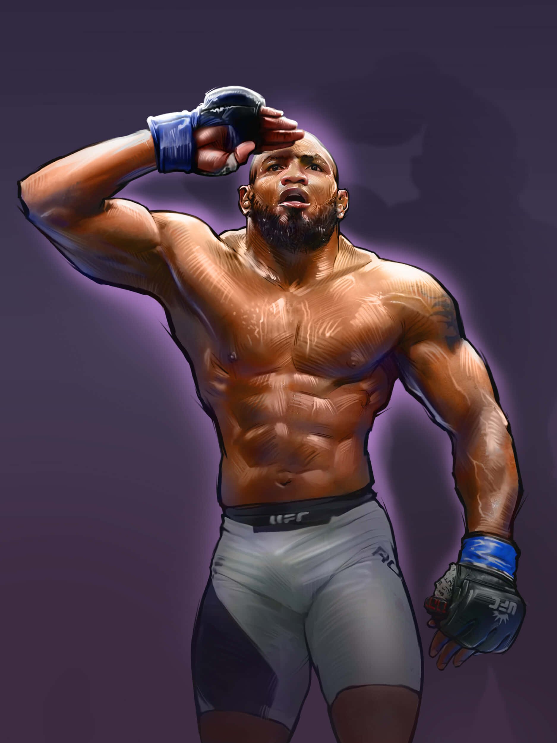 martial arts 桌布 壁紙 — 一位留鬍子的肌肉發達的UFC拳手在深紫色背景下擦拭額頭的汗水。