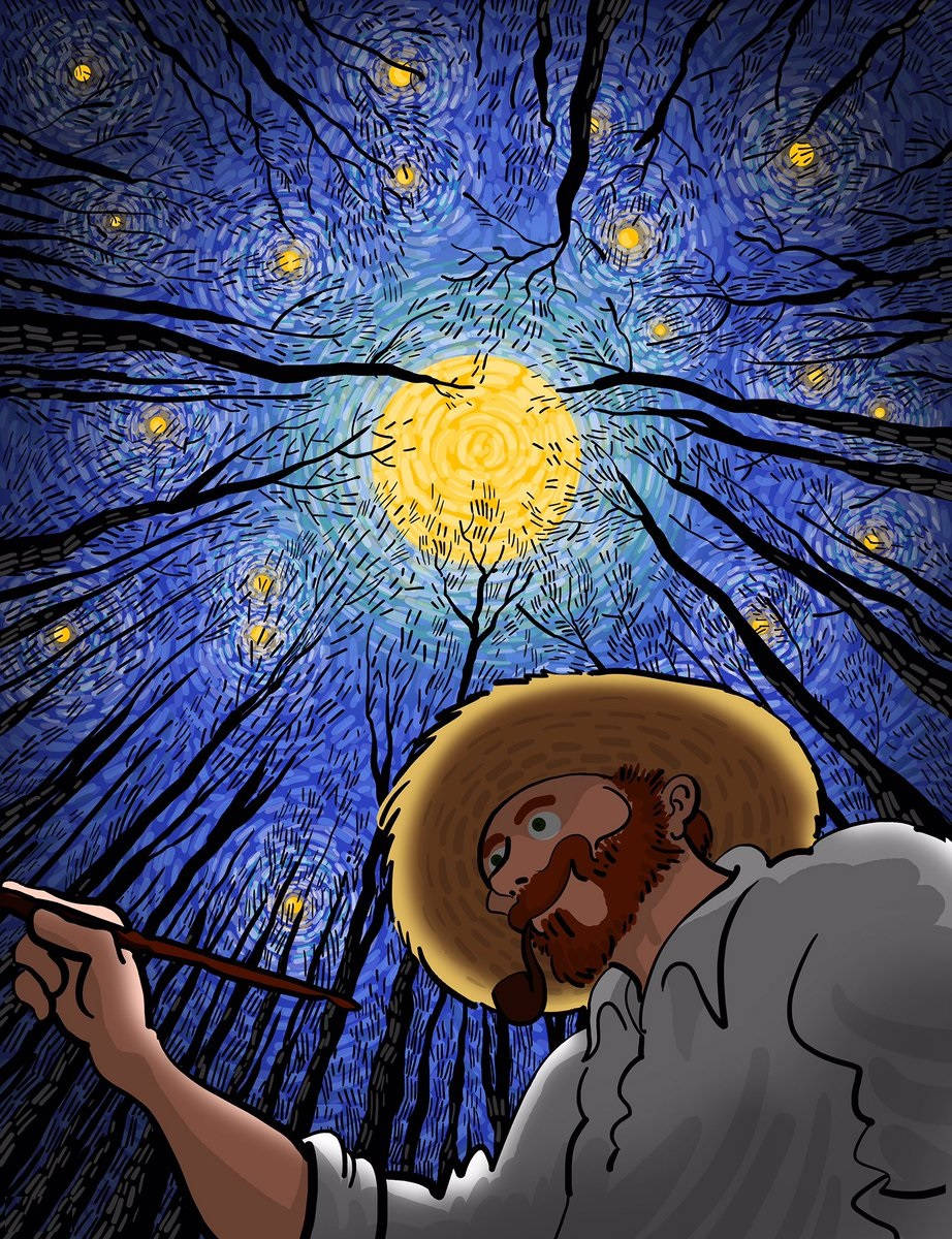 Vincent 桌布 壁紙 — 一位留鬍子的藝術家戴著草帽，描繪一個旋轉的夜空，有黃色的月亮和發光的星星，被黑暗的樹枝框住。