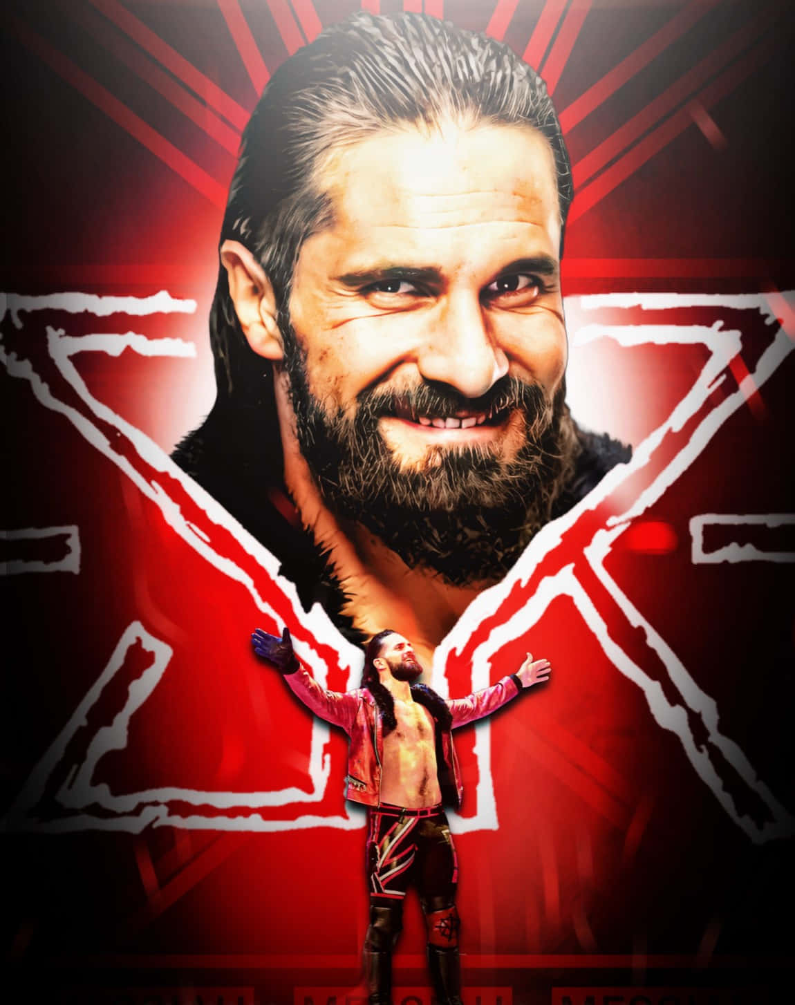 WWE 桌布 壁紙 — 一位留鬍子長髮的摔角手在帶有大型白色「X」圖案的鮮紅色背景前自信地微笑。