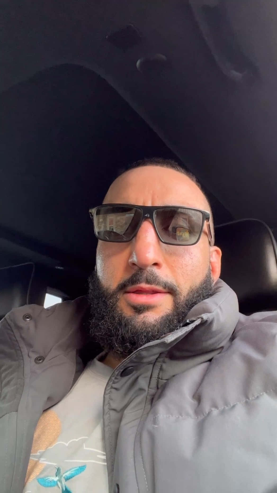 Celebrity 桌布 壁紙 — 一位留鬍鬚、戴太陽眼鏡的男人，身穿灰色外套在車內自拍。