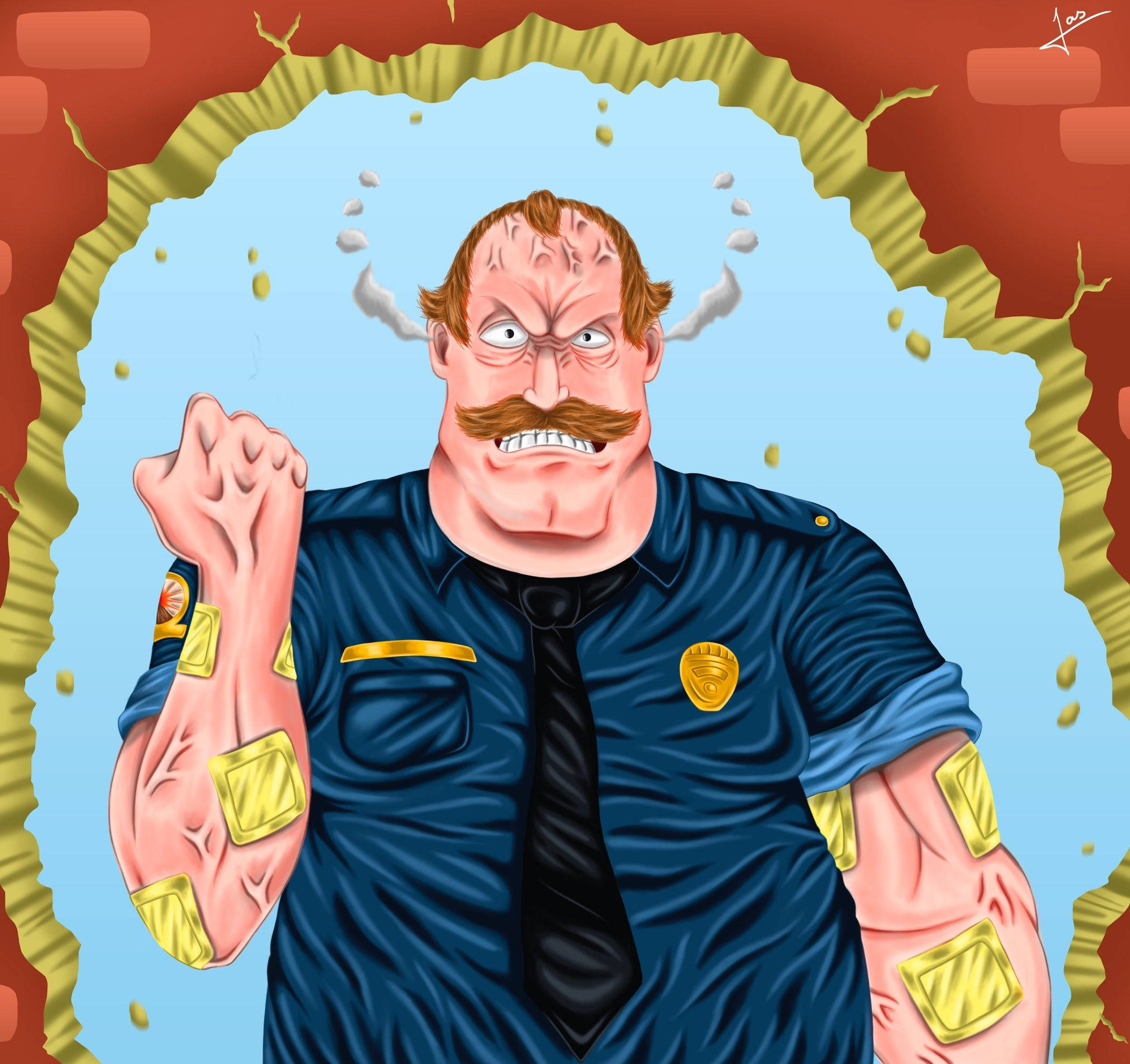 Cartoon 桌布 壁紙 — 一位留鬍鬚、表情憤怒的卡通警察衝破帶有金色邊緣的磚牆。