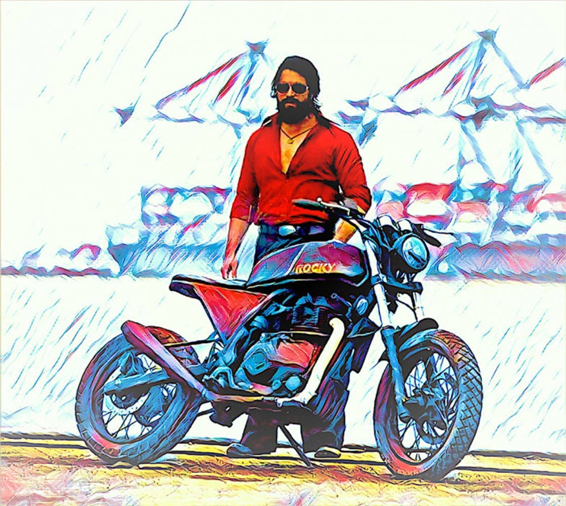 Picsart 桌布 壁紙 — 一位留鬍鬚、身穿紅色襯衫的男子，在一個有帳篷的風格化天空下，自信地站在一輛訂製的藍色機車旁邊。