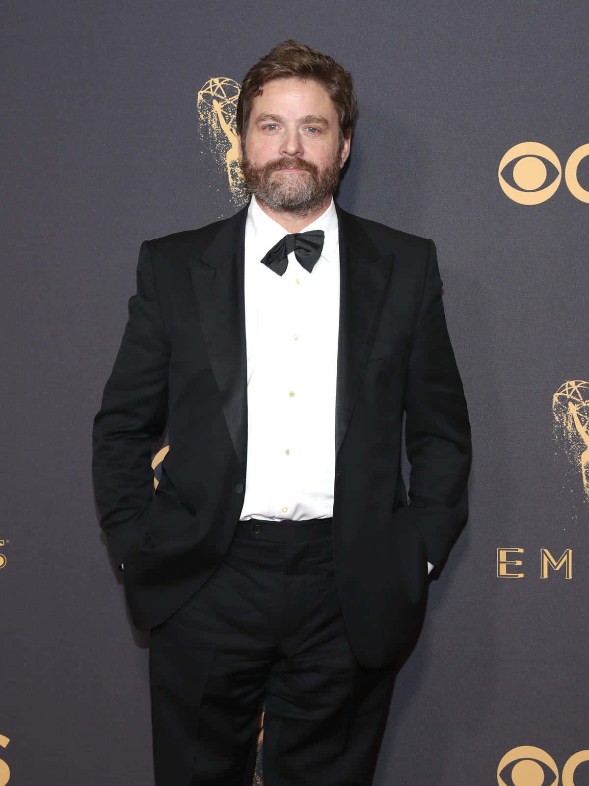 Zach Galifianakis 桌布 壁紙 — 一位留鬍鬚、身穿黑色燕尾服和領結的男子，自信地站在艾美獎紅地毯活動上。