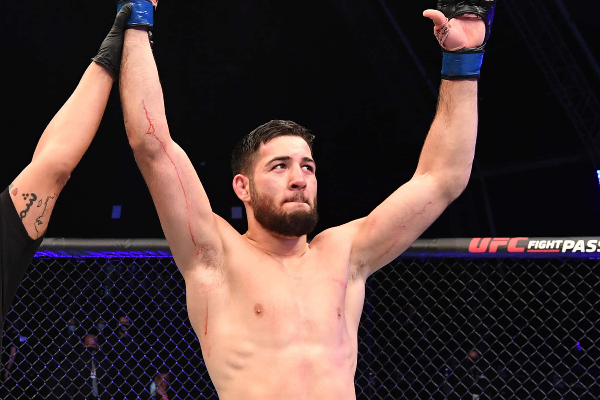 Victory 桌布 壁紙 — 一位留鬍鬚、雙臂沾滿鮮血的UFC勝利鬥士，在明亮的競技場燈光下於八角籠內高舉雙手慶祝勝利。