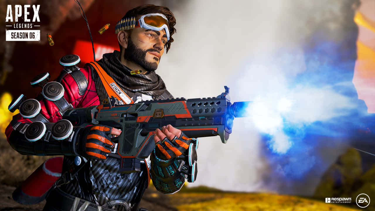 720p Apex Legends 桌布 壁紙 — 一位留鬍鬚的Apex Legends士兵在煙霧和猛烈爆炸中發射發光的藍色武器。