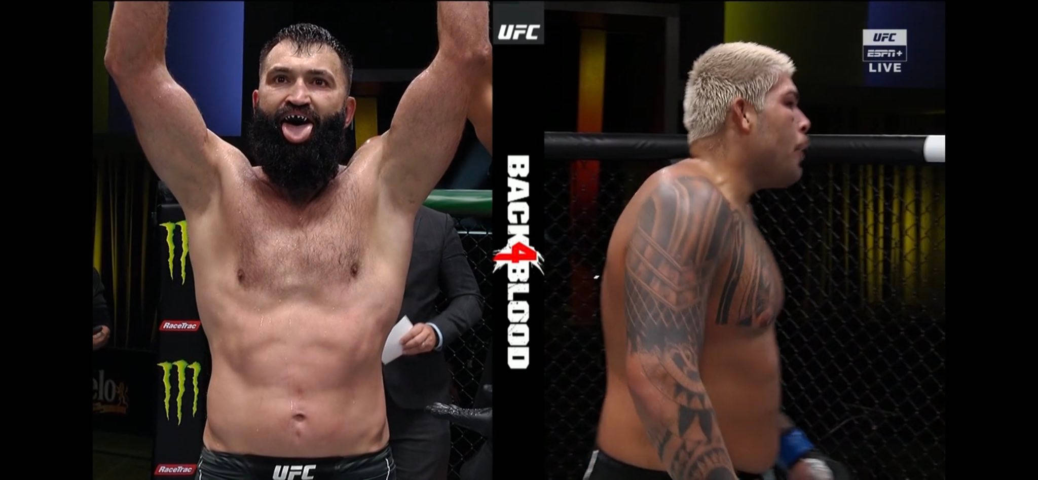 UFC 桌布 壁紙 — 一位留鬍鬚的UFC勝利拳手高舉雙臂慶祝勝利，而另一位有刺青的拳手則在八角籠中沮喪地站著。