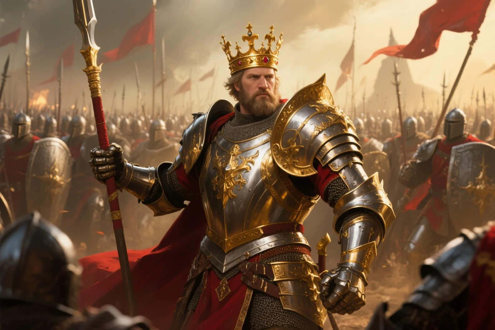 Majestic king in gilded armor leads his army into battle during a medieval warfare scene 壁紙 — 一位留鬍鬚的國王身穿華麗的金銀盔甲，在朦朧的天空下，手持長矛，面對著佈滿士兵和紅色旗幟的戰場。