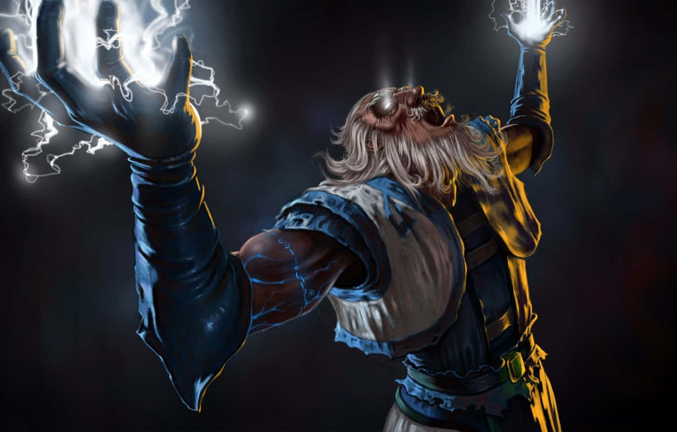 Dota 2 Zeus 桌布 壁紙 — 一位留鬍鬚的奇幻戰士在黑暗背景下從雙手中釋放出噼啪作響的閃電。