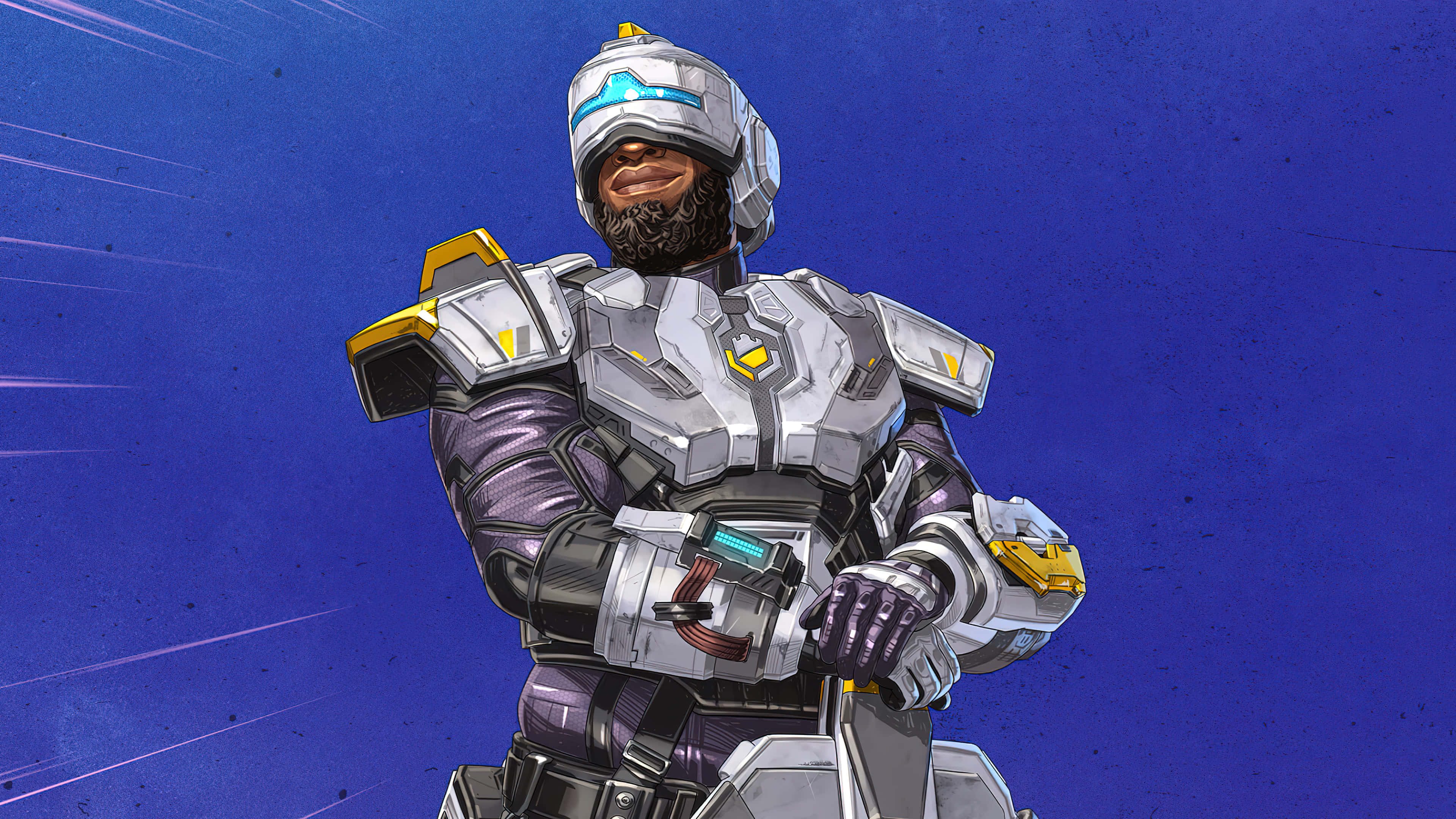 Apex Legends Characters 桌布 壁紙 — 一位留鬍鬚的戰士穿著未來風格的銀色和紫色盔甲，自信地站在深藍色背景上，帶有運動條紋。
