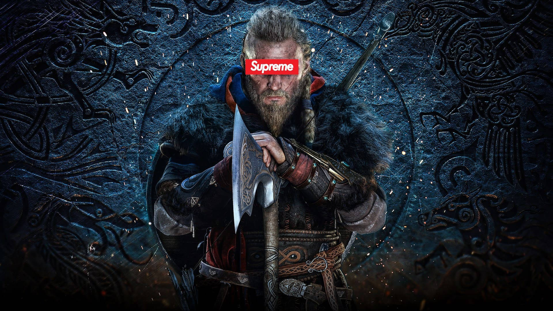 Cool Supreme 桌布 壁紙 — 一位留鬍鬚的戰士穿著毛皮襯裡的盔甲，在黑暗華麗的背景中手持戰斧，火花四濺。