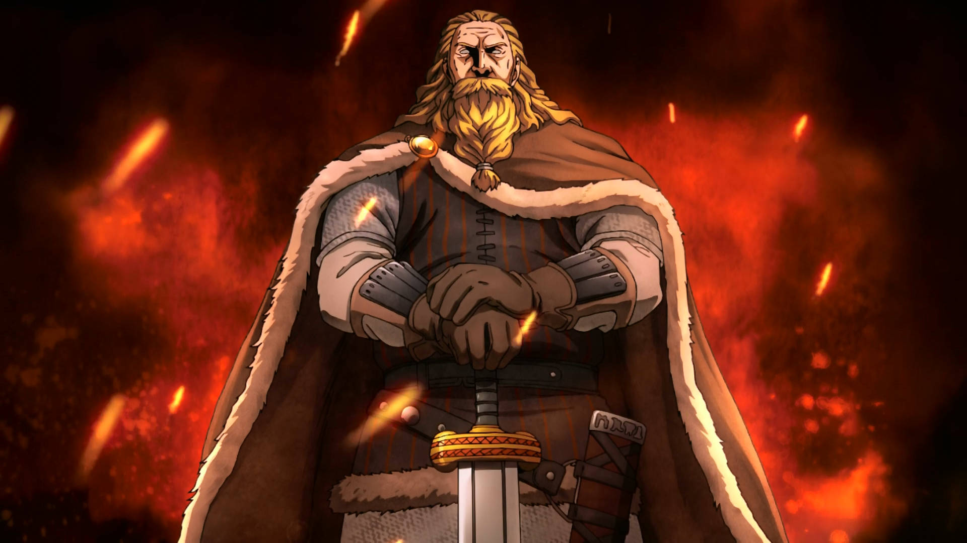 Vinland 桌布 壁紙 — 一位留鬍鬚的戰士身穿毛皮襯裡的盔甲，挑釁地舉劍，背景是火紅和橙色的火焰。