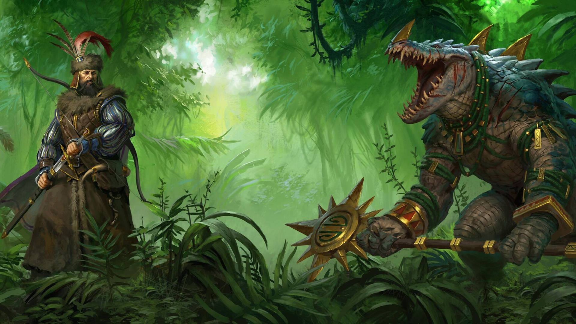 Total War Warhammer 2 桌布 壁紙 — 一位留鬍鬚的戰士身穿毛皮襯裡的盔甲，在茂密的叢林中挑釁地站立，面對一隻咆哮的裝甲鱷魚般的野獸，揮舞著帶刺的狼牙棒。