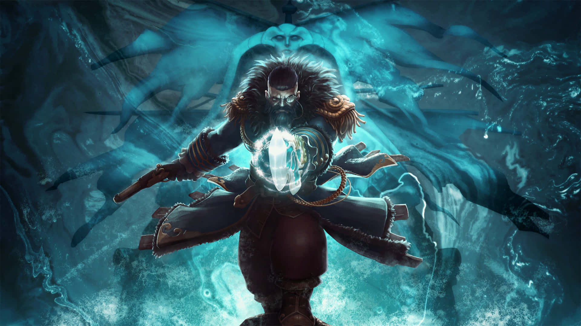 電玩遊戲 桌布 壁紙 — 一位留鬍鬚的戰士身穿毛皮鑲邊盔甲，在旋轉的冰霜觸手和幽靈般的身影中引導發光的藍色魔法。