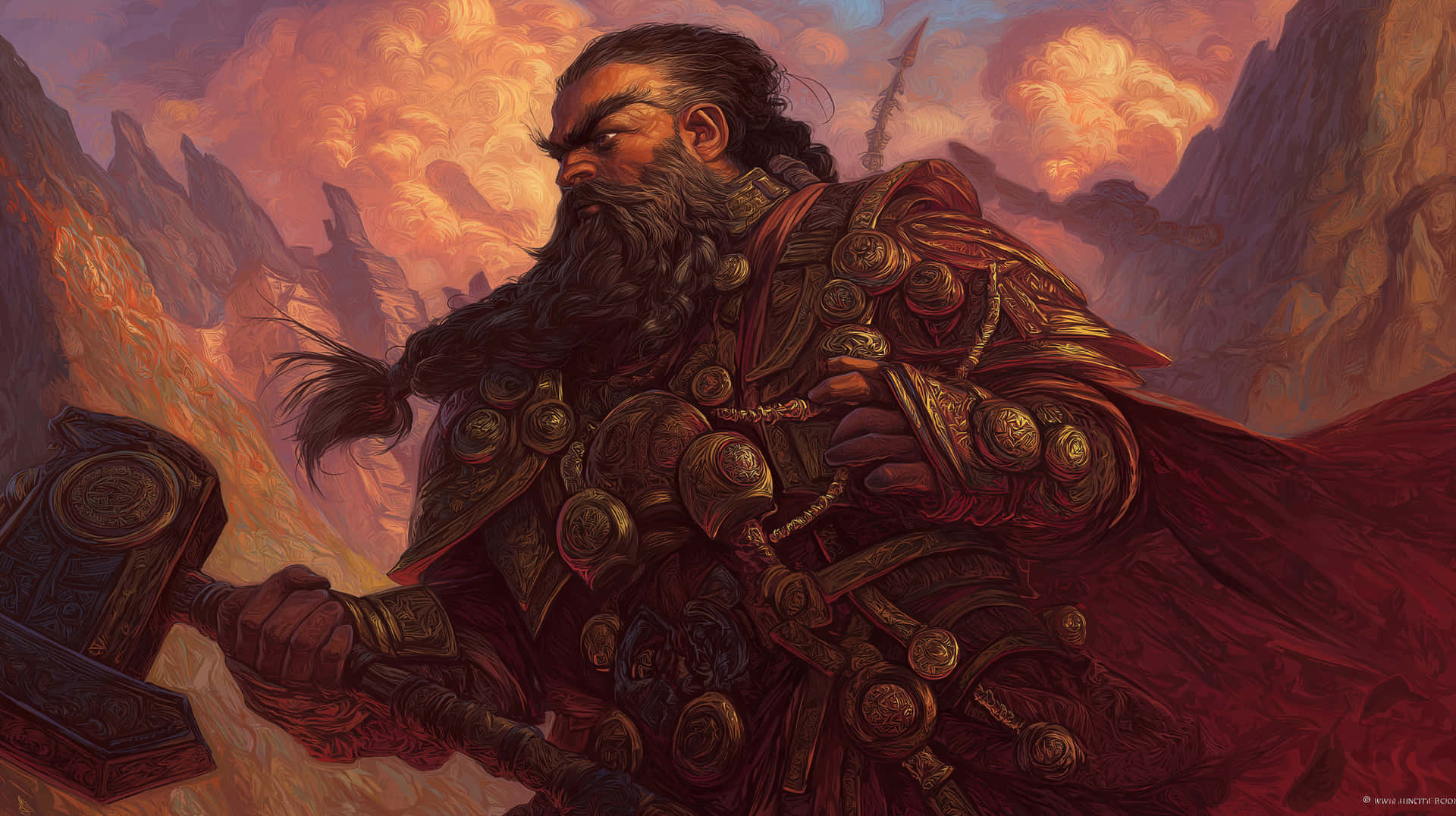 Grim Dwarf Leader on Smokey Battlefield 壁紙 — 一位留鬍鬚的戰士身穿華麗盔甲，在熾熱的山脈背景下握著一把巨大的錘子。