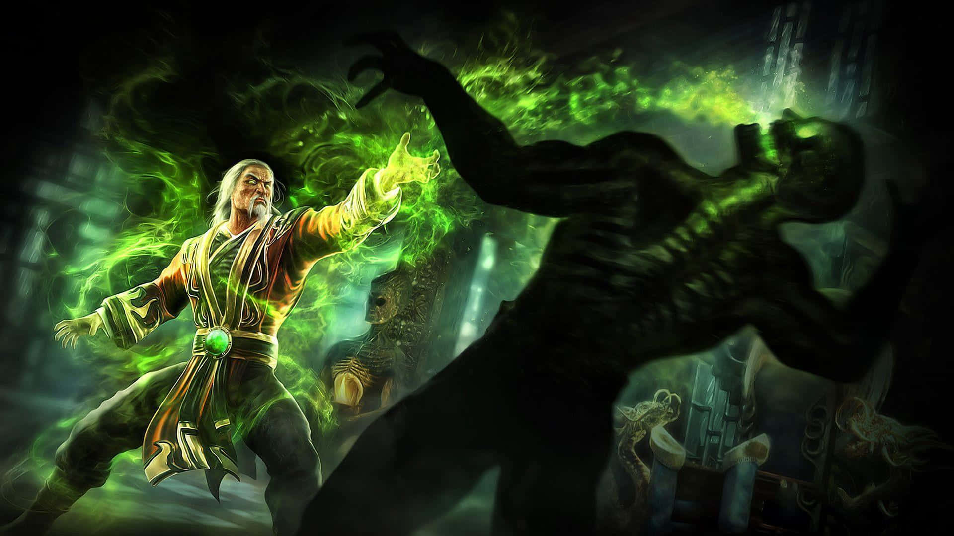 Mortal Kombat Reptile 桌布 壁紙 — 一位留鬍鬚的戰士身穿華麗長袍，在黑暗的神秘競技場中釋放發光的綠色能量，對抗陰影般的怪物形象。