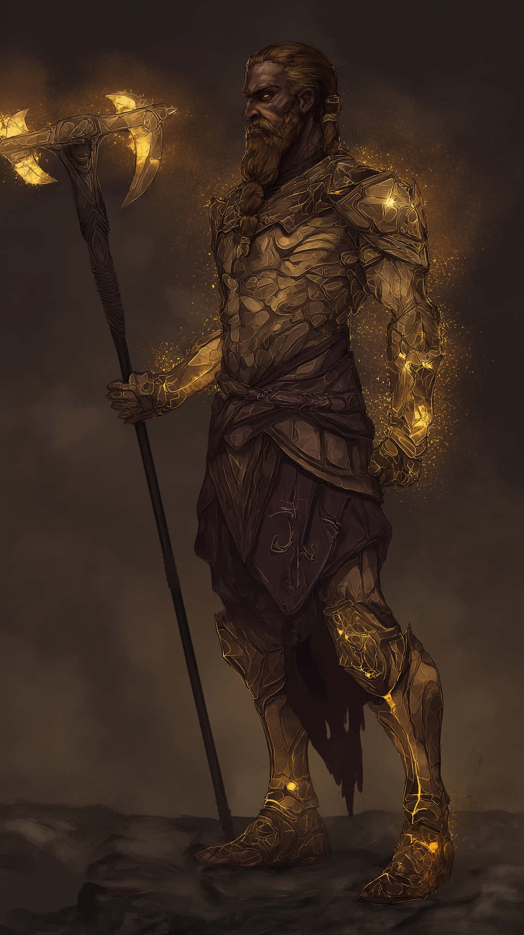 Stoic Dwarf-like Leader in Intricate Golden Armor Fantasy 壁紙 — 一位留鬍鬚的戰士身穿金色盔甲，手持火焰斧頭，背景是黑暗煙霧繚繞。