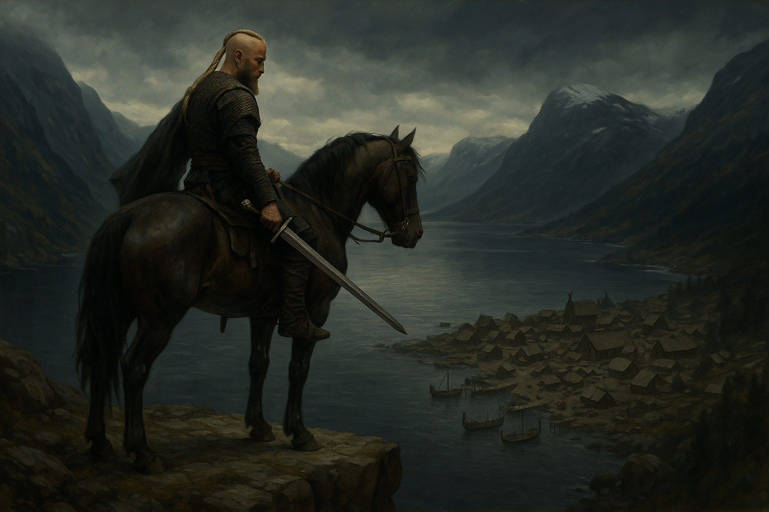Ragnar Lothbrok 4K 桌布 壁紙 — 一位留鬍鬚的戰士騎著黑馬，手持劍，俯瞰著坐落在風暴天空下積雪山脈之間的峽灣村莊。