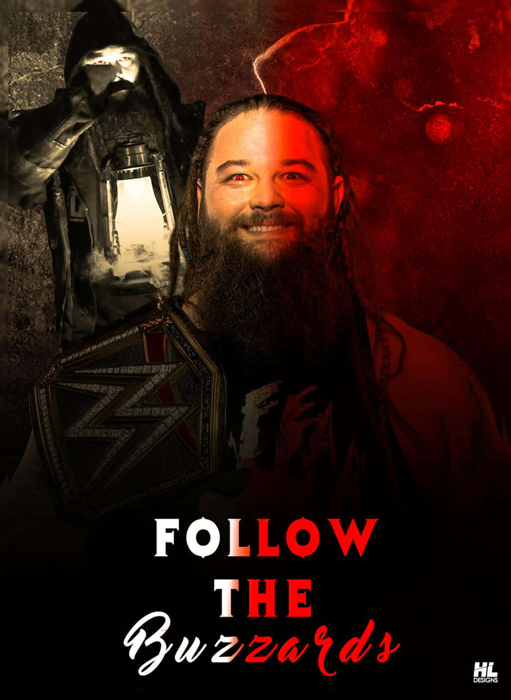 WWE 桌布 壁紙 — 一位留鬍鬚的摔角手戴著冠軍腰帶，在紅光下微笑，身後一個戴兜帽的人物提著燈籠。