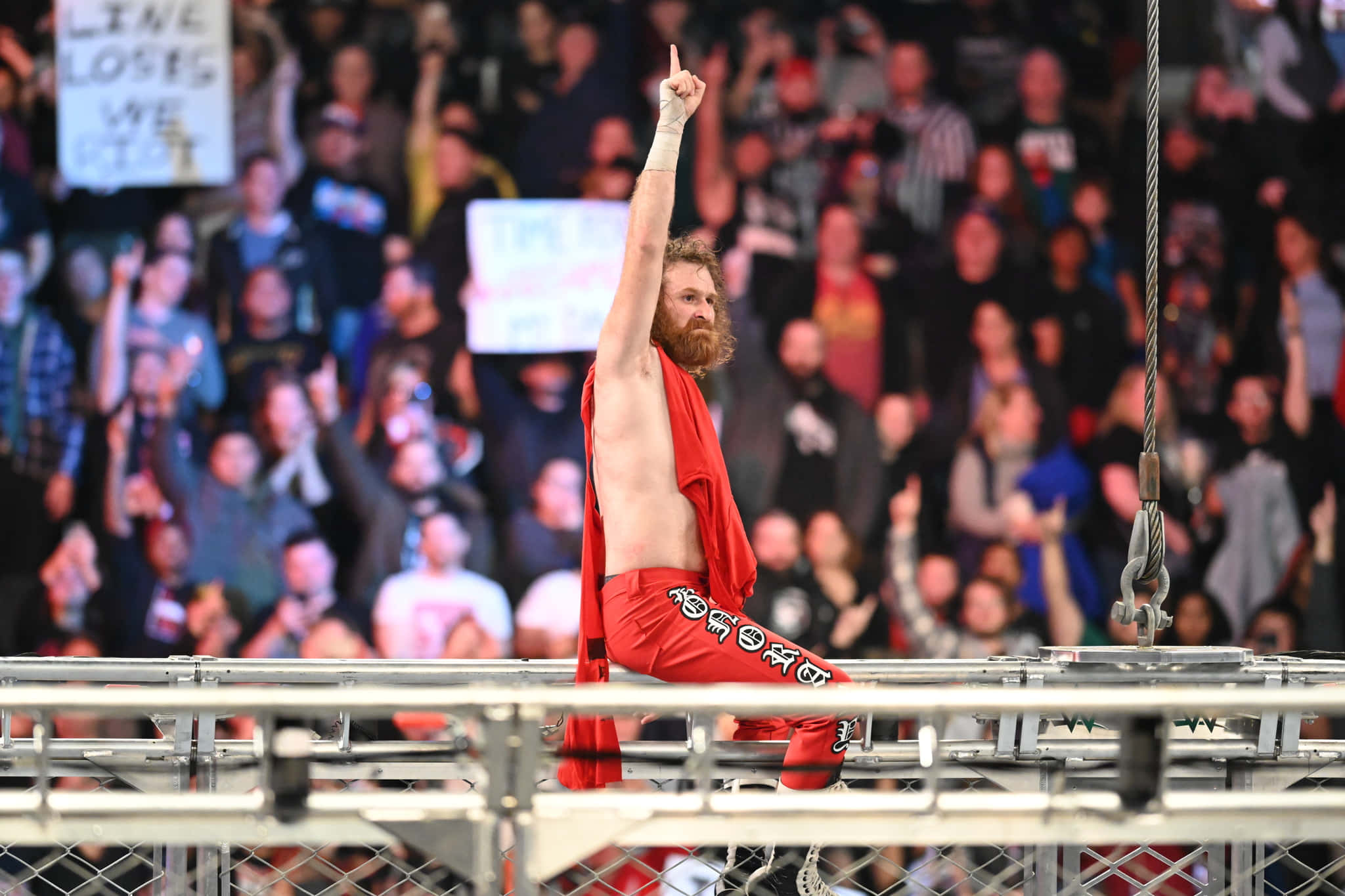 sami zayn 桌布 壁紙 — 一位留鬍鬚的摔角手穿著紅色短褲坐在鋼籠頂部，勝利地舉起一根手指，下方歡呼的人群舉著標語牌。