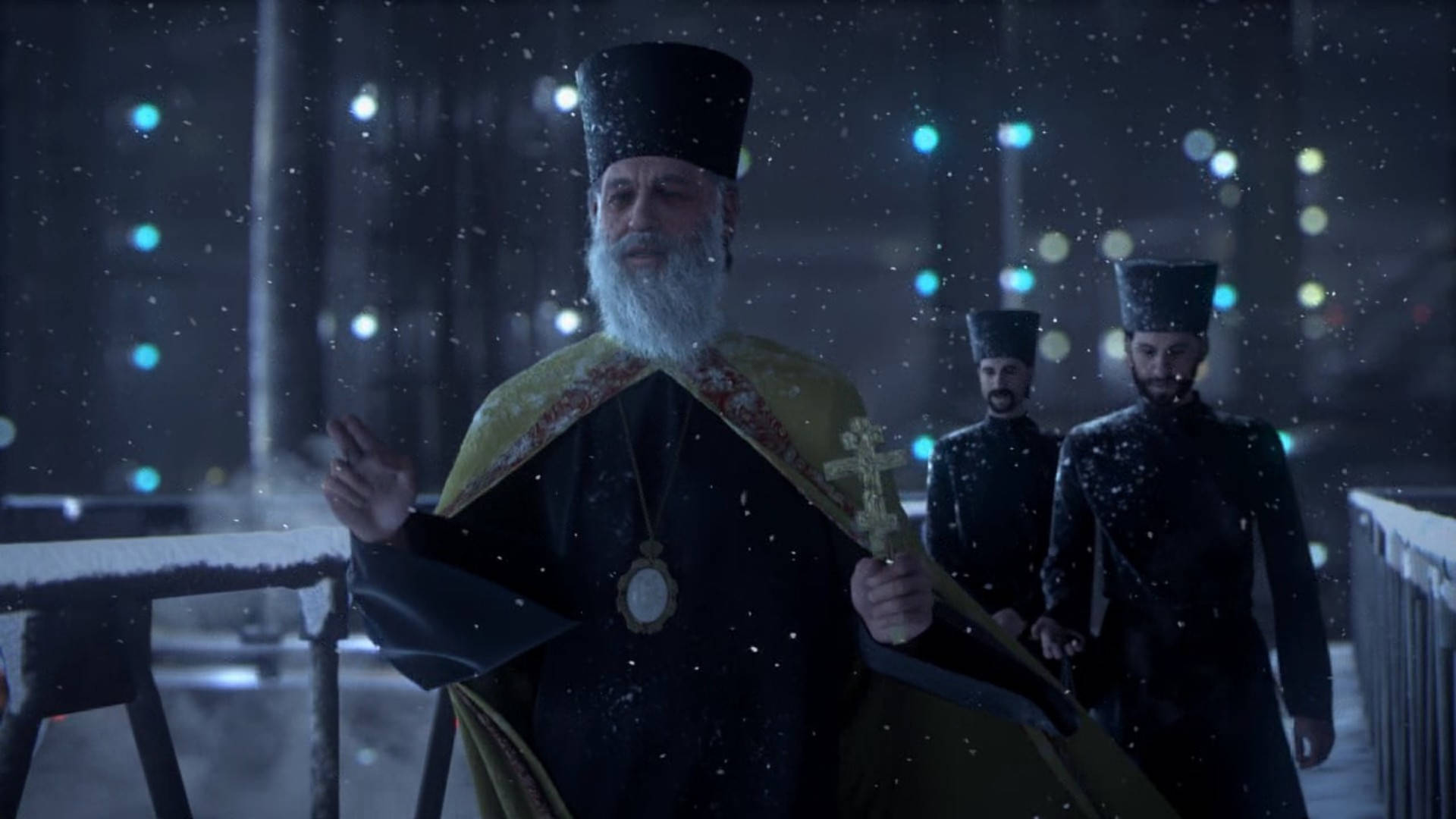 Civilization Beyond Earth 桌布 壁紙 — 一位留鬍鬚的東正教神父穿著華麗長袍，在夜間橋上雪花飄落時手持十字架，背後有模糊的燈光。