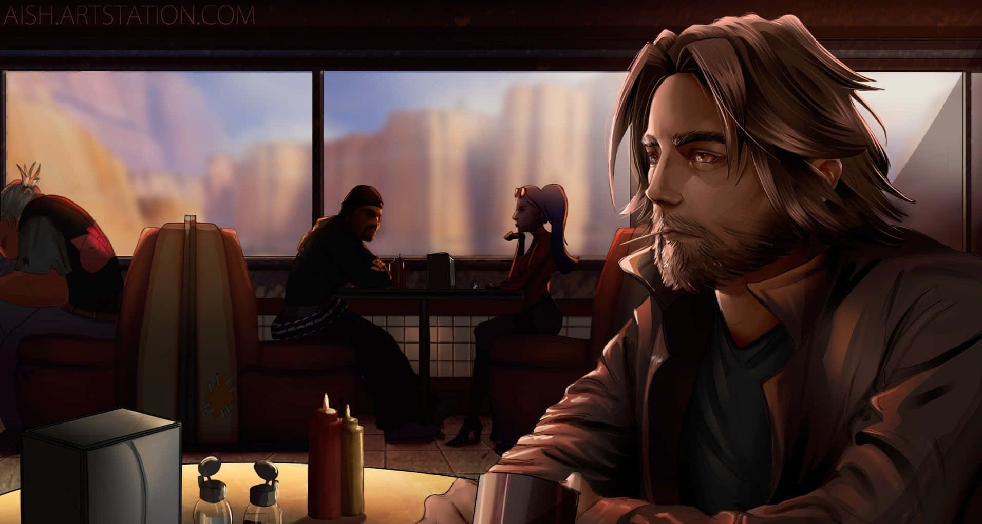 Overwatch Mccree 桌布 壁紙 — 一位留鬍鬚的沉思男子坐在燈光昏暗的餐車卡座裡，凝視窗外沙漠峽谷的景色。