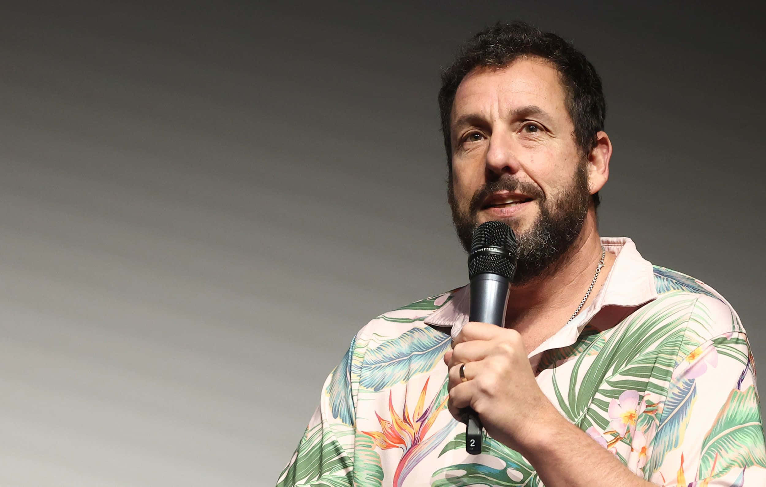 Adam Sandler 桌布 壁紙 — 一位留鬍鬚的男人在純灰色背景前，穿著熱帶印花襯衫對著麥克風說話。