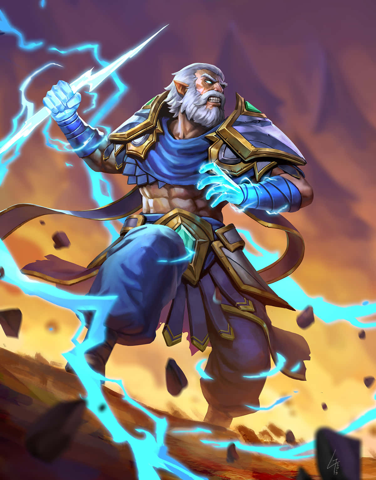 Dota 2 Zeus 桌布 壁紙 — 一位留鬍鬚的精靈戰士，身穿藍色和金色盔甲，在熾熱的橙色背景下，從拳頭釋放出噼啪作響的藍色閃電。